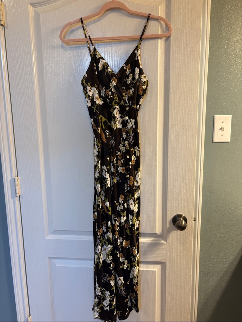 Dark Brown Floral Maxi Slip Dress with Spaghetti Straps - Picture 3 of 13